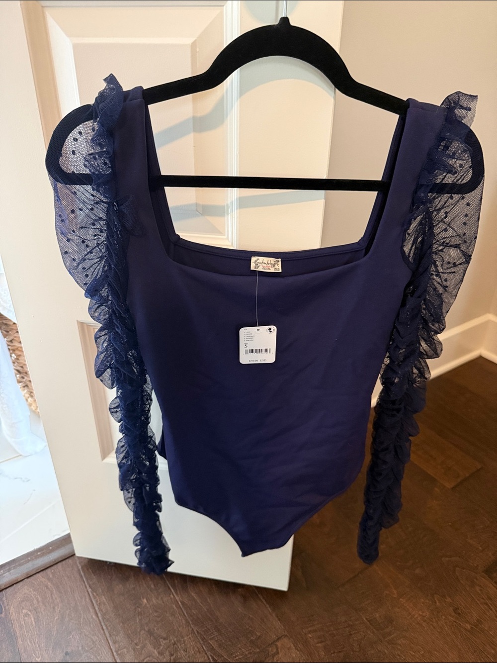 Free People Navy Blue Ruffle Mesh Sleeve Bodysuit